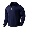 Detail of navy blue knit polo sweatshirt with textured fabric and 1/4 zip collar - Navy Blue