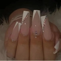 White V-shaped French long coffin press-on nails with rhinestones on pink base - CBLCY-101 Pink French Rhinestone