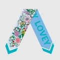 Floral skinny silk scarf in light blue with floral prints and Y LOVEY typography design - Sky Blue