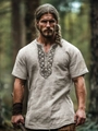 Detailed view of the Celtic knot embroidery on the linen collar of a Viking style shirt - S / Natural Linen/Light Grey (Medieval Style)