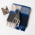 Blauw en beige geruite mohair sjaal met franjes, warme wintersjaal voor dames - 45x200+10x2cm / Donkerblauw Geruit