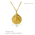 Golden stainless steel necklace featuring a 16mm round bee relief coin pendant charm - Gold Necklace
