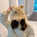 Brown plush teddy ear bucket hat for women with thick faux fur for winter warmth - Bear Nose Bucket Hat - Khaki