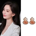 Elegantes pendientes de calabaza de plata con cristal ámbar y piedras de circón - Estilo de calabaza de cristal café (Silver Earring Post) / Plateado