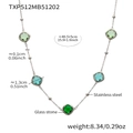 Silver stainless steel bead necklace featuring five green and blue glass square charms - Necklace / Steel Green Mix