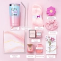 Pink 20oz tumbler gift set for women featuring fuzzy socks candles and bath accessories - Pink Bestie Gift Set
