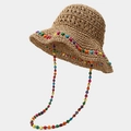 Chapeau de paille bohème avec perles colorées et cordon assorti pour vacances d'été - Kaki (Style B)