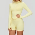 Ensemble de yoga jaune citron sans couture avec haut zippé et short de sport taille haute - S / Haut Et Bas / Ensemble deux pièces / Jaune crème