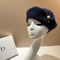 Detail of navy wool beret with large pearl and gold bead on an artistic model head - M (56-58cm) / Navy Blue