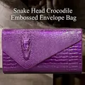 Deep purple crocodile pattern envelope clutch featuring a decorative snake head clasp - 8001 Purple