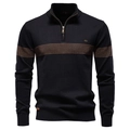Pull en maille bleu marine pour homme avec col montant zippé et détail de rayure marron - S / Noir