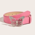 Pink leather belt with a rhinestone butterfly metal buckle on a neutral background - 3.3cm Butterfly Rhinestone Buckle / Rose Red