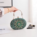 Luxury emerald green rhinestone clutch bag with gold round handle and floral sunburst pattern - Green