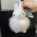 White fluffy rabbit keychain with real fox fur ball and pink ears for bags and cars - Fox Fur Pom Pom Long Ear Rabbit / White