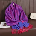 Luxurious purple and blue jacquard scarf with tassels displayed on a leather sofa - Purple and Blue (T003-10)