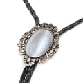 Western cowboy bolo tie with silver crown setting and grey cat eye stone on black cord - White