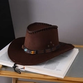 Classic dark brown western cowboy hat with ethnic beaded band and chin strap - Coffee