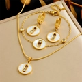Gold jewelry set with white shell pendant and diamond accent on beige tray - Round Mother of Pearl Rhinestone 3-Piece Set (N3108 B1507)