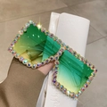 Oversized square sunglasses with green-yellow gradient lenses and rainbow crystal frames - Full Colorful Rhinestone Gradient Lens / Rainbow Blue