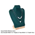 Dark green velvet necklace bust display stand with light wood base, medium size - New Square Model H23cm Dark Green Velvet