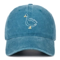 Detailed close-up of cartoon goose embroidery on blue washed cotton baseball cap - Lake Blue