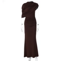 Detail of coffee brown one-shoulder ruched dress with asymmetric pleated design - S / Brown