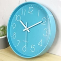 Silent 12 inch light blue quartz wall clock with modern minimalist 3D numeric dial - Blue Frame Blue Dial