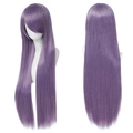 Vista dettagliata anteriore e posteriore di una parrucca cosplay viola lunga e liscia con frangia - Viola fumé