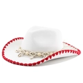 Sombrero de vaquero blanco de fieltro con costuras rojas y adornos de estilo bohemio - M(56-58cm) / Sombrero blanco con costura roja