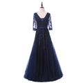 Elegant navy blue V-neck evening gown with lace beadwork and A-line tulle skirt - US size 2 (S) / Navy Blue
