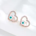 Rose gold heart stud earrings with evil eye center and pave-set cubic zirconia - Evil Eye Heart (No. 146) / Rose Gold