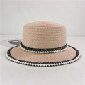 Detail of flat top straw hat with pearl lace trim and black sparkling ribbon - M (56-58cm) Adjustable / Light Pink