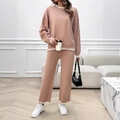 Women's pink knitted two-piece set with white striped trim and wide leg pants - S / Pink
