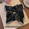 Large black satin scrunchie with faux pearls, 21cm elastic hair tie for ponytails - Outer diameter approx 21cm / Black Satin Pearl Edge