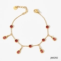 Golden stainless steel anklet with red zircon teardrop pendants and lobster clasp - Gold With Red Zirconia (JAK292)