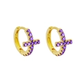 925 Sterling silver gold hoop earrings featuring cross pattern with purple zircon stones - Gold Purple Cross Style (3219) - Pair / Gold Purple (#29)