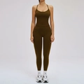 Women's 2-piece yoga set in dark olive featuring racerback top and high waist leggings - S / Vest 2 + Pants — Dark Brown