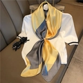 Silk-like color-block scarf detail with yellow and grey patterns and pearl buckle - Yellow Grey Color Block