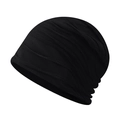Detail of black knitted beanie with textured horizontal pleats for a slouchy layered look - Black