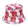 Detailed close-up of white bucket hat featuring London phone booth and Union Jack prints - White London Landmark Print (D)