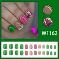 Uñas postizas verdes y rosas con purpurina de leopardo, 24 piezas de varios tamaños y diseños - Estilo Leopardo Purpurina Verde Rosa Con Pegamento (W1162)