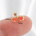 Detail showing two red heart-shaped gold studs with dimensions of 0.44cm by 1.0cm - Gold-Red Heart