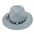 Detail of grey felt fedora featuring black leather band with silver studs and turquoise gems - Gray
