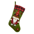 Green Christmas stocking with gnome and red plaid cuff for holiday gift decorations - Green