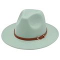Detail of mint green cashmere fedora hat with a brown leather belt and gold buckle - M (56-58cm) / Mint Green