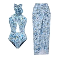 Bloemen badpak met uitsnijdingen, 3D-bloemdecor en bijpassende lange wikkelrok set - S / Halter Badpak Set