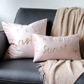 Detailed texture of pink velvet cushions with golden HELLO sunshine foil print on leather sofa - 30*50cm / Pink Sunshine Gold Bronzing
