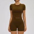 Olive green rib-knit yoga set with short sleeve crop top and high waist shorts - S / Short Sleeve + Shorts — Dark Brown
