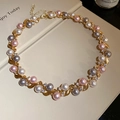 Vintage gold necklace featuring white, pink, and grey pearls with sparkling rhinestones - Necklace (Gold-White-Pink-Grey)
