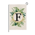Polyester garden flag with letter F and green wreath design on black metal stand - Letter F